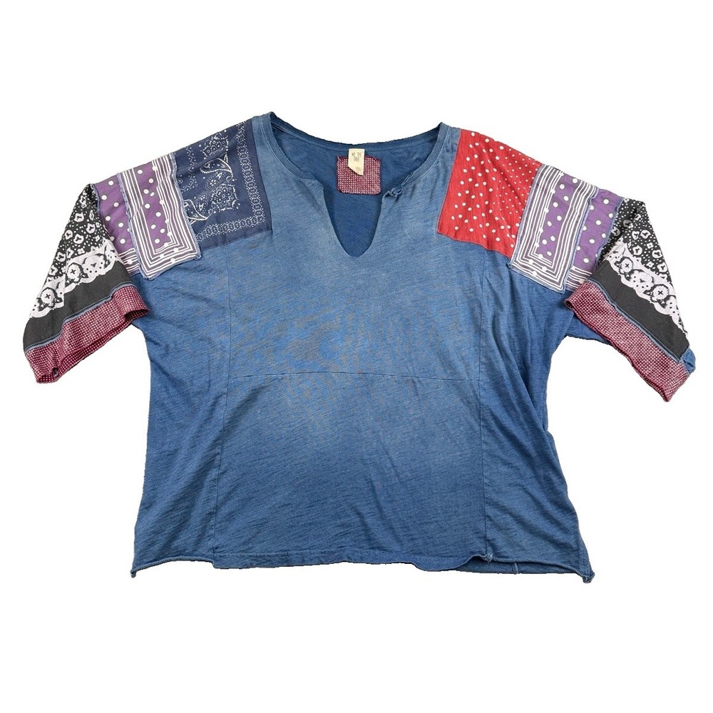 Free People Shibuya Boho Patchwork Blue Raw Edge Top Sz M Boho Festival Grunge